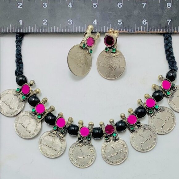Vintage Coins Necklace With Earrings, Coins Jewelry Set With Glass Stones - Picture 6 of 11